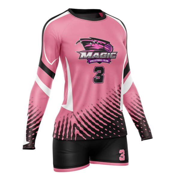 Long sleeve volleyball uniform in pink and black with Magic logo and number 3.