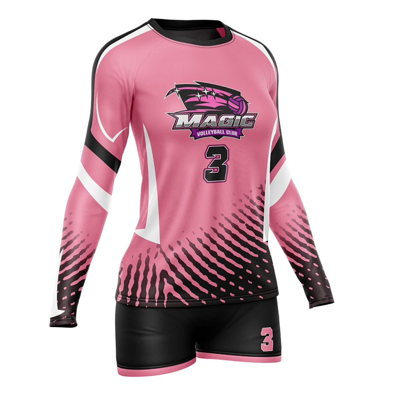 Long sleeve volleyball uniform in pink and black with Magic logo and number 3.