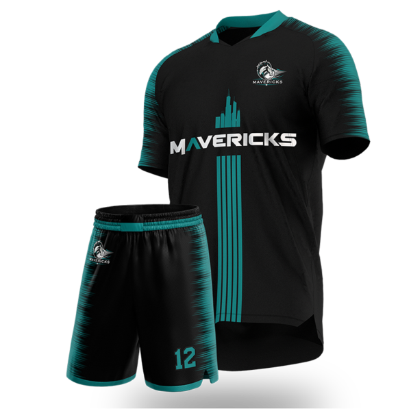 Custom Black Mavericks Soccer Uniform – Teal Trim Soccer Kit by Capra Sports