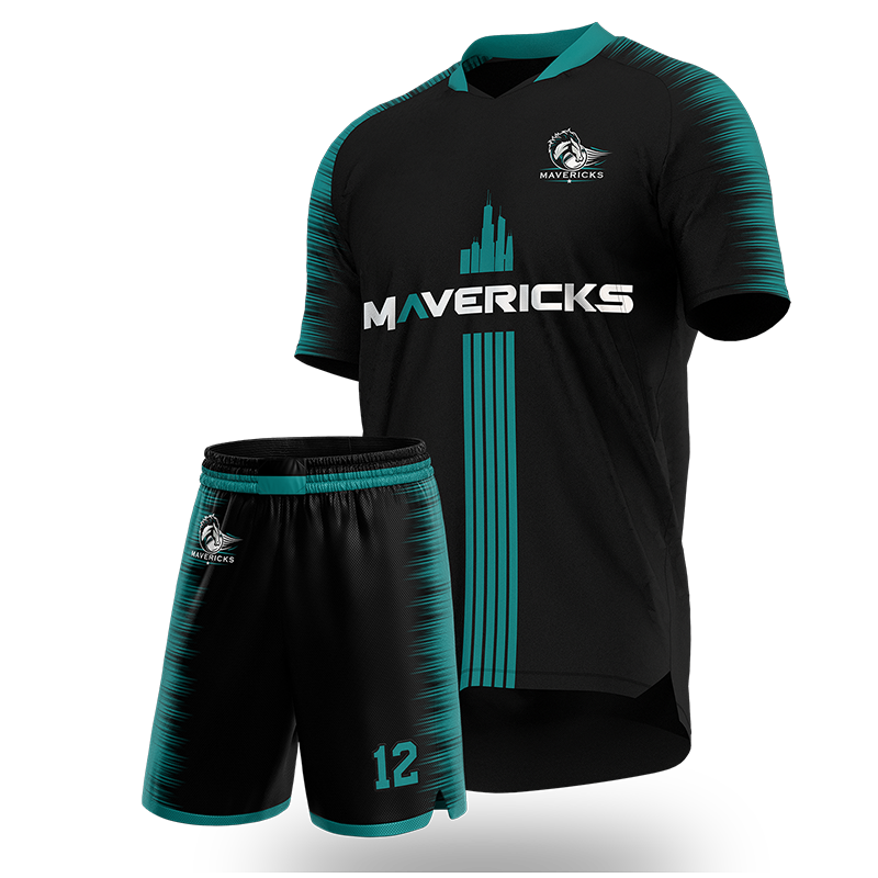 Custom Black Mavericks Soccer Uniform – Teal Trim Soccer Kit by Capra Sports