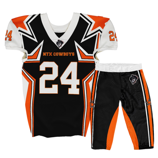 Black orange football uniform NTX Cowboys design with stars and number 24