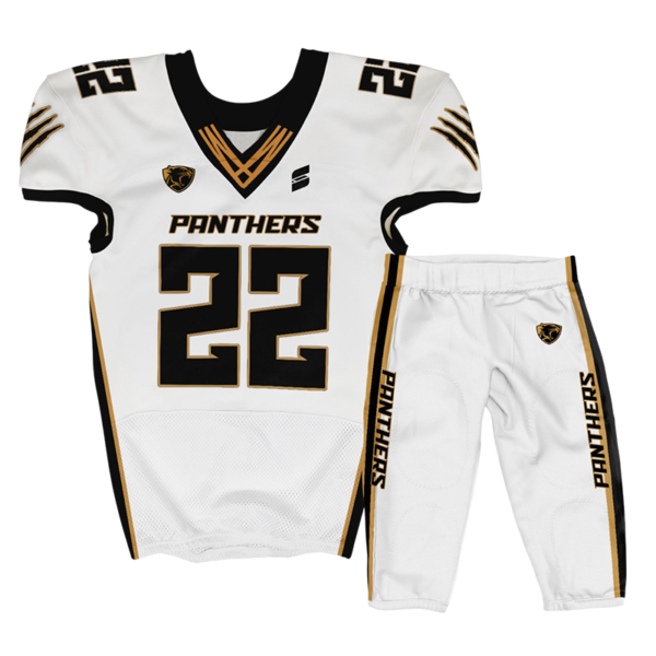 White football uniform Panthers design with black number 22 and gold trim