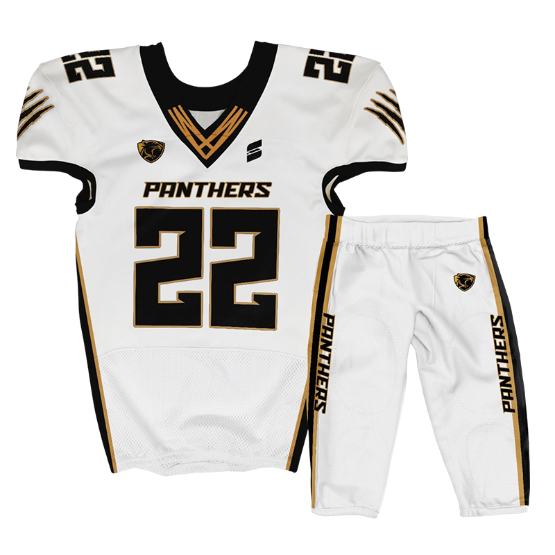 White football uniform Panthers design with black number 22 and gold trim