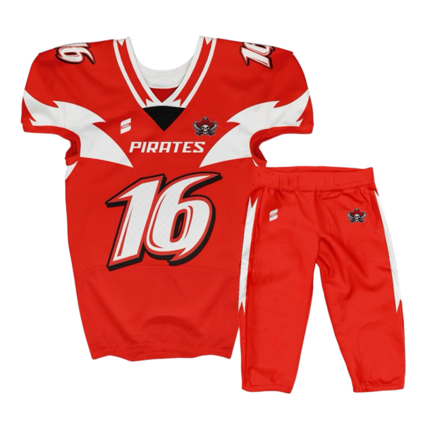 Red football uniform Pirates design with number 16 and skull logo
