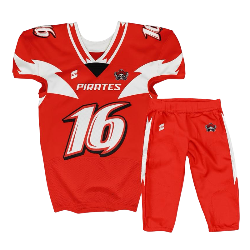 Red football uniform Pirates design with number 16 and skull logo