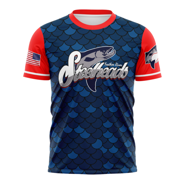 Navy red sports jersey with Steelheads logo and fish scale design