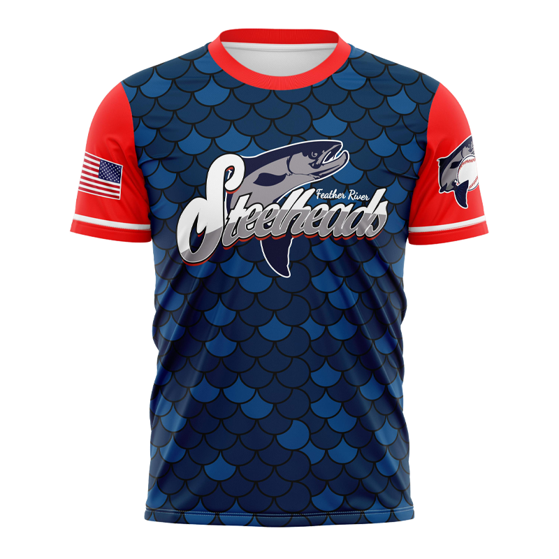 Navy red sports jersey with Steelheads logo and fish scale design