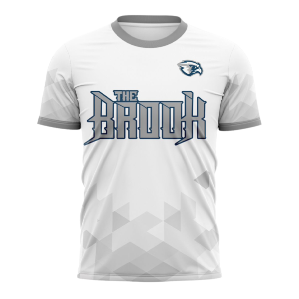 White basketball jersey with The Brook custom design