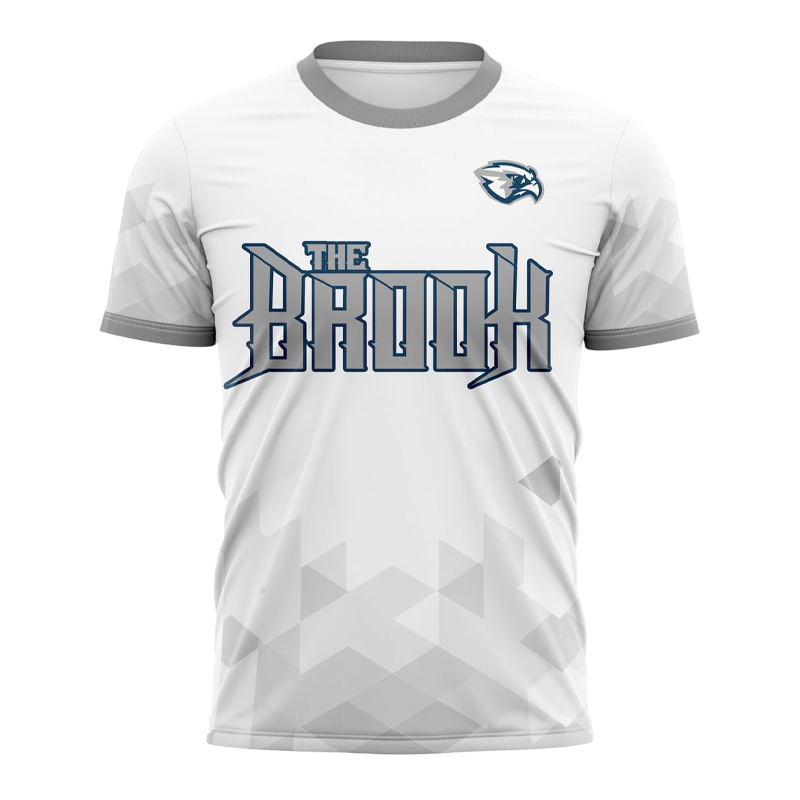 White basketball jersey with The Brook custom design