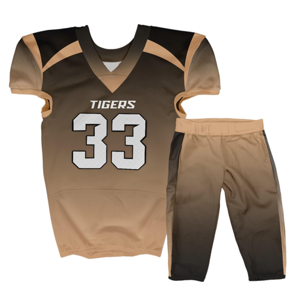 Brown football uniform Tigers design with white number 33 and gradient jersey