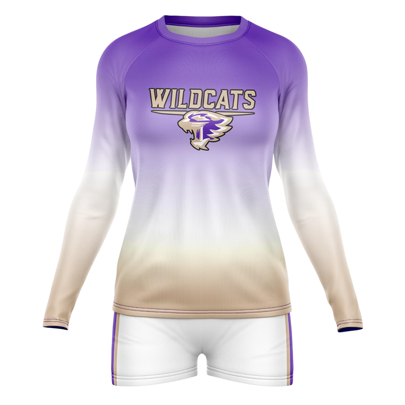 Wildcats volleyball uniform with long sleeves and purple beige gradient