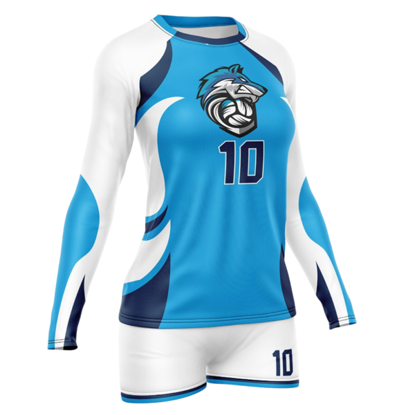 Blue volleyball uniform with wolf logo and number 10, long sleeve athletic fit