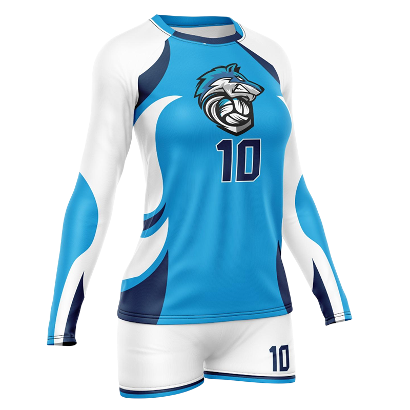 Blue volleyball uniform with wolf logo and number 10, long sleeve athletic fit