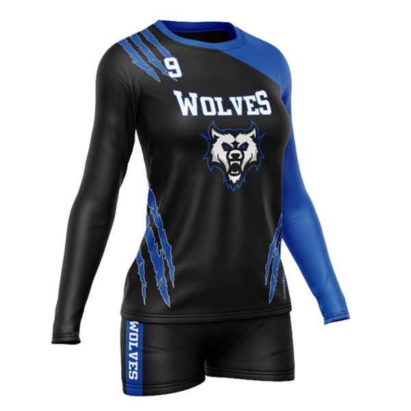 Custom Wolves Volleyball Uniform – Black and Blue Long Sleeve Design by Capra Sports