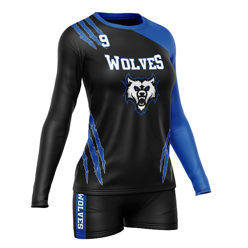 Custom Wolves Volleyball Uniform – Black and Blue Long Sleeve Design by Capra Sports